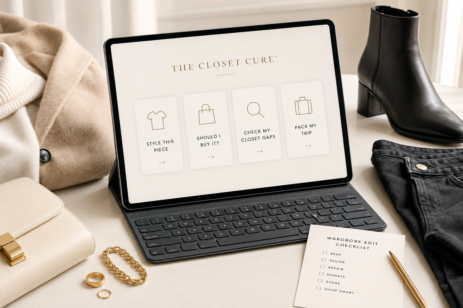 The Closet Cure digital wardrobe assistant showing Style This Piece, Should I Buy It, Check My Closet Gaps and Pack My Trip